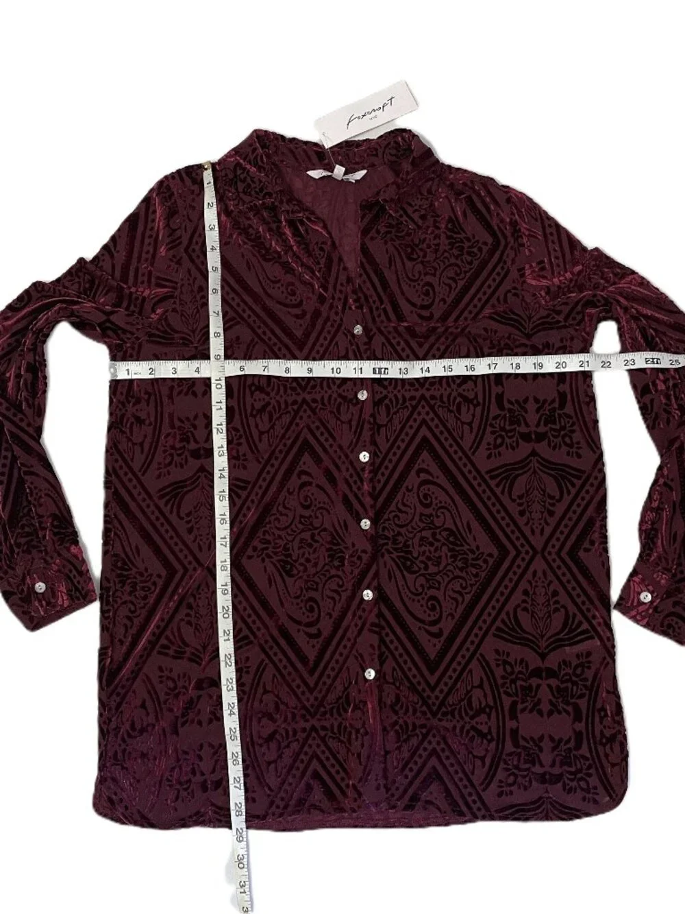 Foxcroft Top Sz 10 Burgundy Velvet Burnout Button Down Blouse Semi-Sheer Luxury